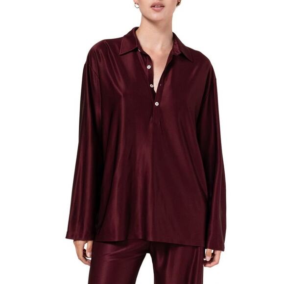 Leset Tops - LESET Satin Long Sleeve Polo Blouse in Burgundy